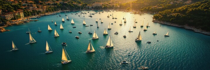 serene mediterranean bay with sailboats at sunset