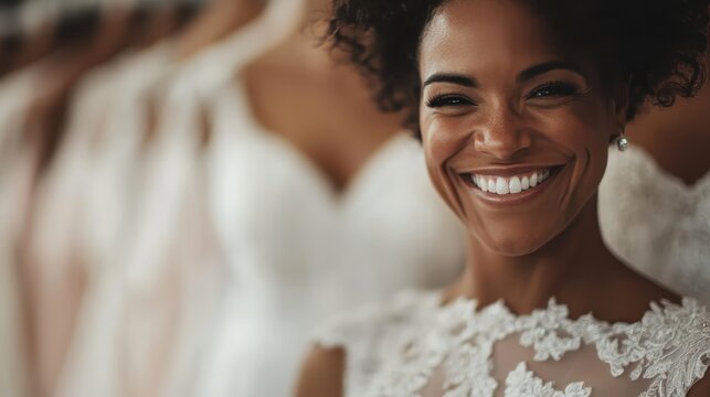 A delighted woman beams with joy as she models a lace wedding dress, capturing the essence of bridal beauty and the joy of a momentous occasion.