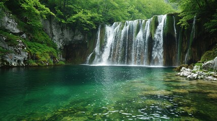 Fototapeta na wymiar Beautiful Spring Green Natural Landscape with Waterfall: A Perfect Tourism Destination. Enjoy the Serenity and Beauty.