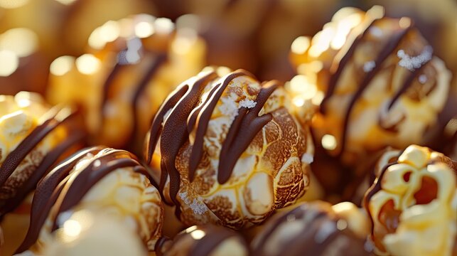 A close-up of gourmet popcorn with a drizzle of dark chocolate and sea salt, combining sweet and savory in a decadent snack.