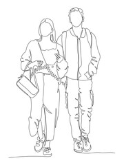 Young couple walking. Woman wear long skirt. Dating time. Continuous line drawing. Black and white vector illustration in line art style.