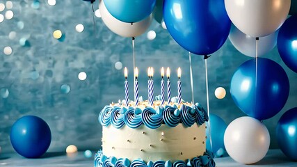 Birthday cake with candles and blue and white balloons, creating a festive celebration atmosphere with cheerful decorations and party vibes.