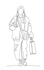 Woman with shopping bag using phone and walking. Wear long skirt and warm jacket. Continuous line drawing. Black and white vector in line art style.