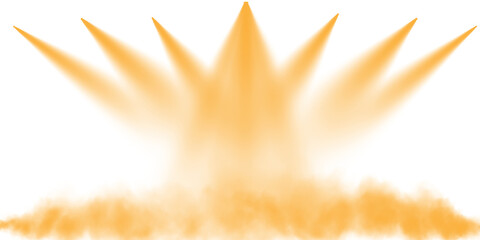 Stage with directional yellow light and light smoke on transparent background, neon light, empty stage and studio room with floating yellow smoke. For product demonstrations. PNG.