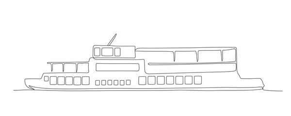 Big pleasure boat with 2 open air decks. Side view. Black and white vector illustration in line art style.