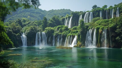 Naklejka premium Beautiful Spring Green Natural Landscape with Waterfall: A Perfect Tourism Destination. Enjoy the Serenity and Beauty.