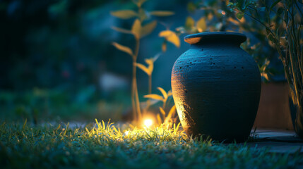 Obraz premium Picture an earthenware vase in a beautiful garden. It seems ordinary, but at night, it comes to life and protects the plants from harm. 