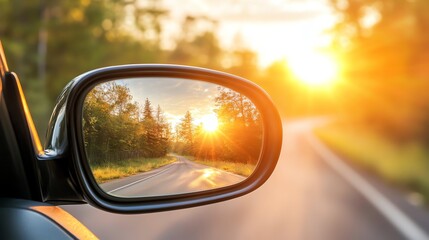 Fototapeta premium A car driving on a road, sunset is reflected in the rear view mirror.