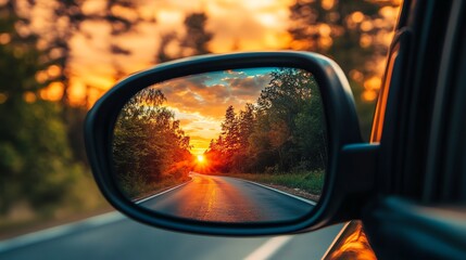 Fototapeta premium Sunset as seen through a car's rearview mirror.