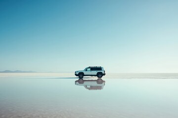 Naklejka premium off-road vehicle on serene salt flat