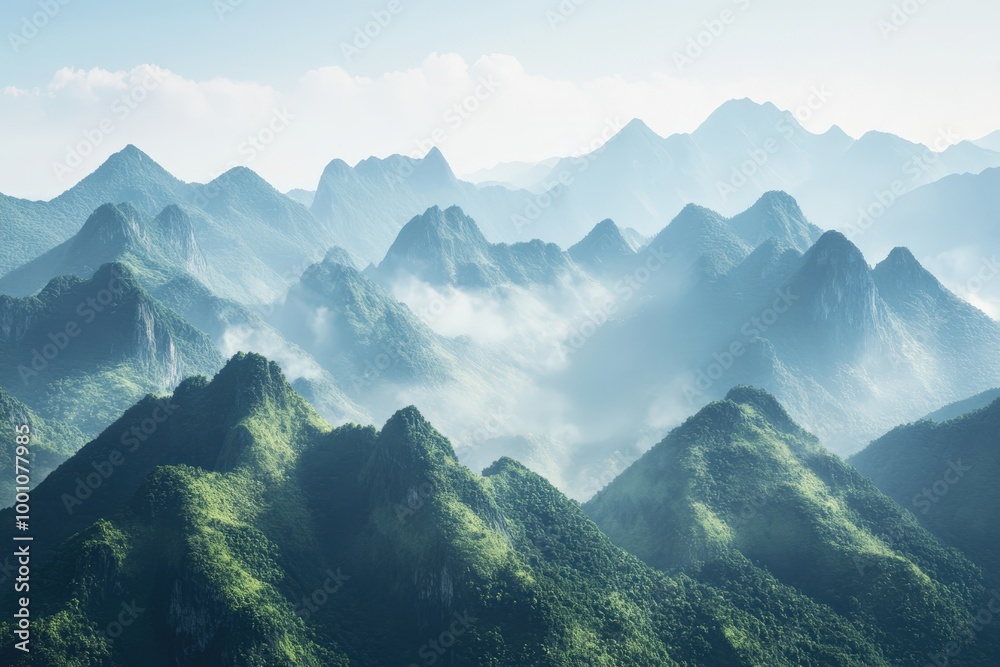 Poster Majestic mountain landscape with misty valleys