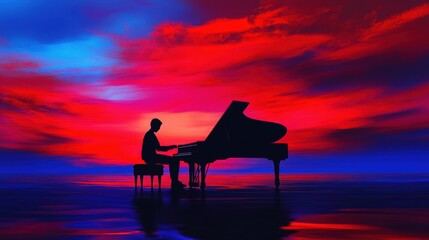 Obraz premium silhouette of pianist playing grand piano on beach at sunset