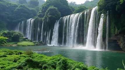 Fototapeta premium Beautiful Spring Green Natural Landscape with Waterfall: A Perfect Tourism Destination. Enjoy the Serenity and Beauty.