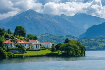 Picturesque lakeside village in the mountains