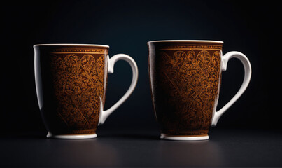 Two ornate coffee mugs sit side-by-side on a dark countertop
