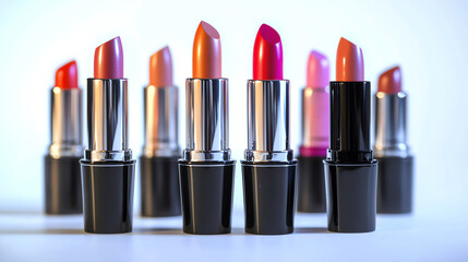 A vibrant display of assorted lipsticks showcasing various shades and textures, perfect for beauty and cosmetic imagery.