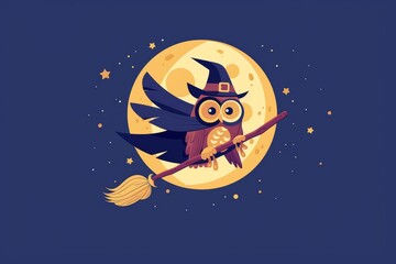 Fototapeta premium Halloween owl witch flying across full moon