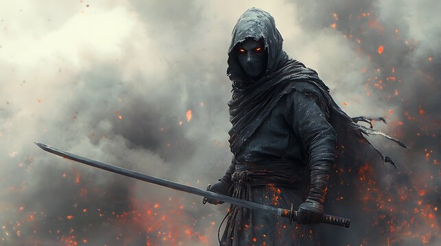 A hooded figure with glowing eyes stands amidst a fiery mist, holding a sword.