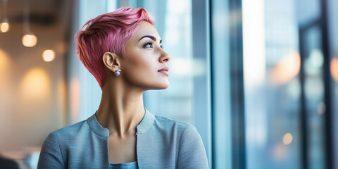 Indian successful businesswoman with pink hair. Inclusion and diversity at work. Image of inclusive lesbian entrepeneur business woman in the office looking out of  the window. Friendly LGBTIQA+