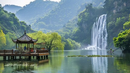 Fototapeta premium Beautiful Spring Green Natural Landscape with Waterfall: A Perfect Tourism Destination. Enjoy the Serenity and Beauty.