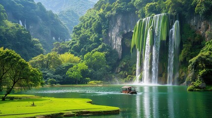 Beautiful Spring Green Natural Landscape with Waterfall: A Perfect Tourism Destination. Enjoy the Serenity and Beauty.