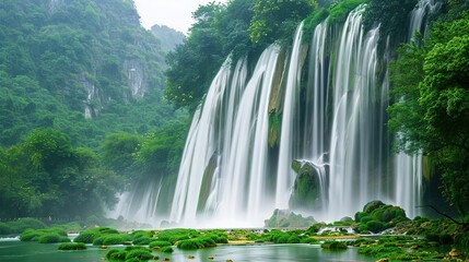 Naklejka premium Beautiful Spring Green Natural Landscape with Waterfall: A Perfect Tourism Destination. Enjoy the Serenity and Beauty.