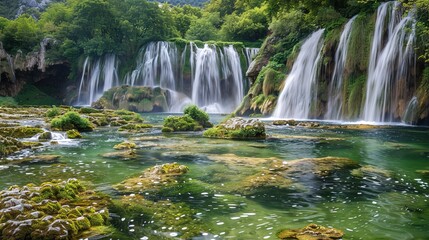 Fototapeta premium Beautiful Spring Green Natural Landscape with Waterfall: A Perfect Tourism Destination. Enjoy the Serenity and Beauty.