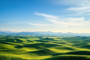 Picturesque rolling hills and lush green fields under a blue sky