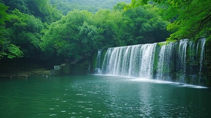 Beautiful Spring Green Natural Landscape with Waterfall: A Perfect Tourism Destination. Enjoy the Serenity and Beauty.