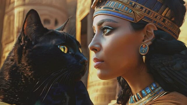 A regal portrait of an Egyptian queen wearing an ornate golden crown and royal jewelry, standing next to a sleek black cat.