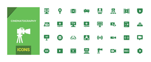 Cinematography icons set, Cinema movie and more, filled icon collection, glyph icons set for web and ui. Solid icon set. Vector illustration.