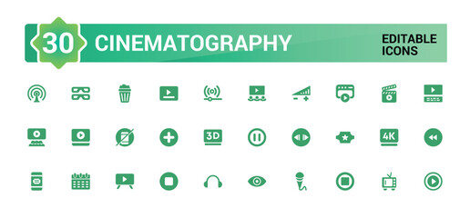 Cinematography icons set, Cinema movie and more, filled icon collection, glyph icons set for web and ui. Solid icon set. Vector illustration.