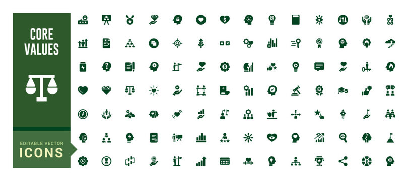 Core values icon set, filled style icons, commitment, filled icon set, glyph for web and ui. Solid icons pack. Vector illustration.