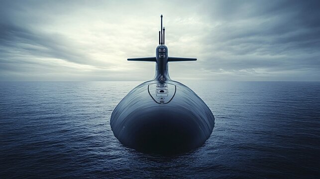 Nuclear submarine is surfacing on the open ocean as the sun sets. The ballistic missile submarine is patrolling the sea