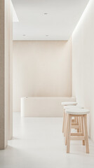 Minimalist interior design featuring a serene space with wooden stools and a cozy bathtub in neutral tones