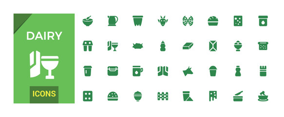 Dairy icons collection. Beverage flat set of dairy vector icons for ui design. Filled icon set, Solid icon pack. Vector illustration.