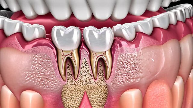 Detailed dental illustration showing impacted teeth, gums, and bone structure, highlighting oral health, anatomy, and dental care.