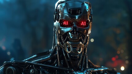 Fototapeta premium Futuristic robot cyborg with glowing red eyes