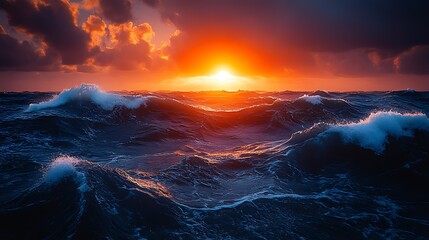 Fototapeta premium A fiery sunset over a stormy sea with dramatic waves and dark clouds.