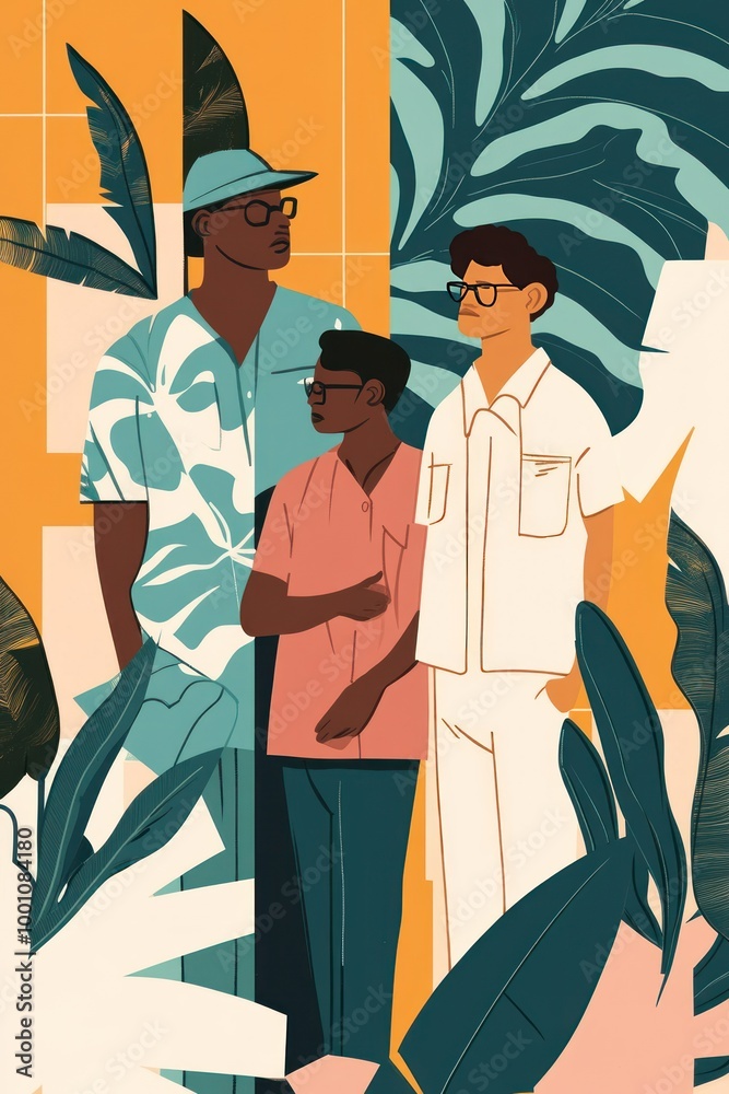 Poster Three individuals in casual attire stand amidst tropical foliage and warm colors.