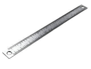 A metal ruler with clear measurements, ideal for precision work, set against a white isolated background.