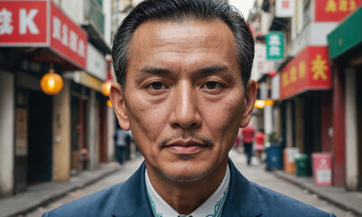 Obraz premium A man stands on a street in a bustling city, his serious expression and sharp gaze reflecting the energy of the urban environment