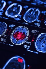 MRI scan of a brain showing a highlighted area, possibly indicating a tumor or abnormality.