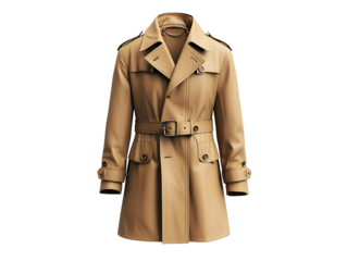 Stylish tan trench coat on a white isolated background, perfect for fashion enthusiasts and seasonal wear.