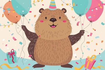 Obraz premium Festive bear with balloons and confetti