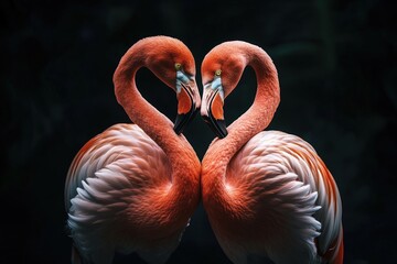 Pair of vibrant pink flamingos with their necks forming a heart shape