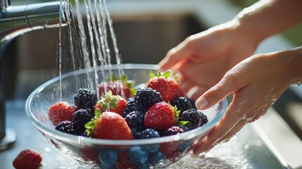 Freshly washed berries in a glass bowl