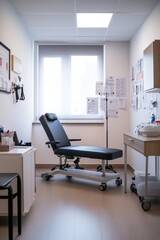 A medical examination room with a treatment chair and medical equipment.
