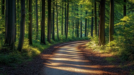 Fototapeta premium A winding dirt road leads through a lush green forest, sunlight filtering through the trees and creating long shadows on the path.