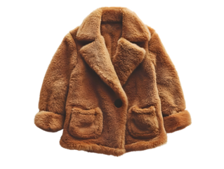 Warm and stylish brown faux fur coat on a white isolated background.